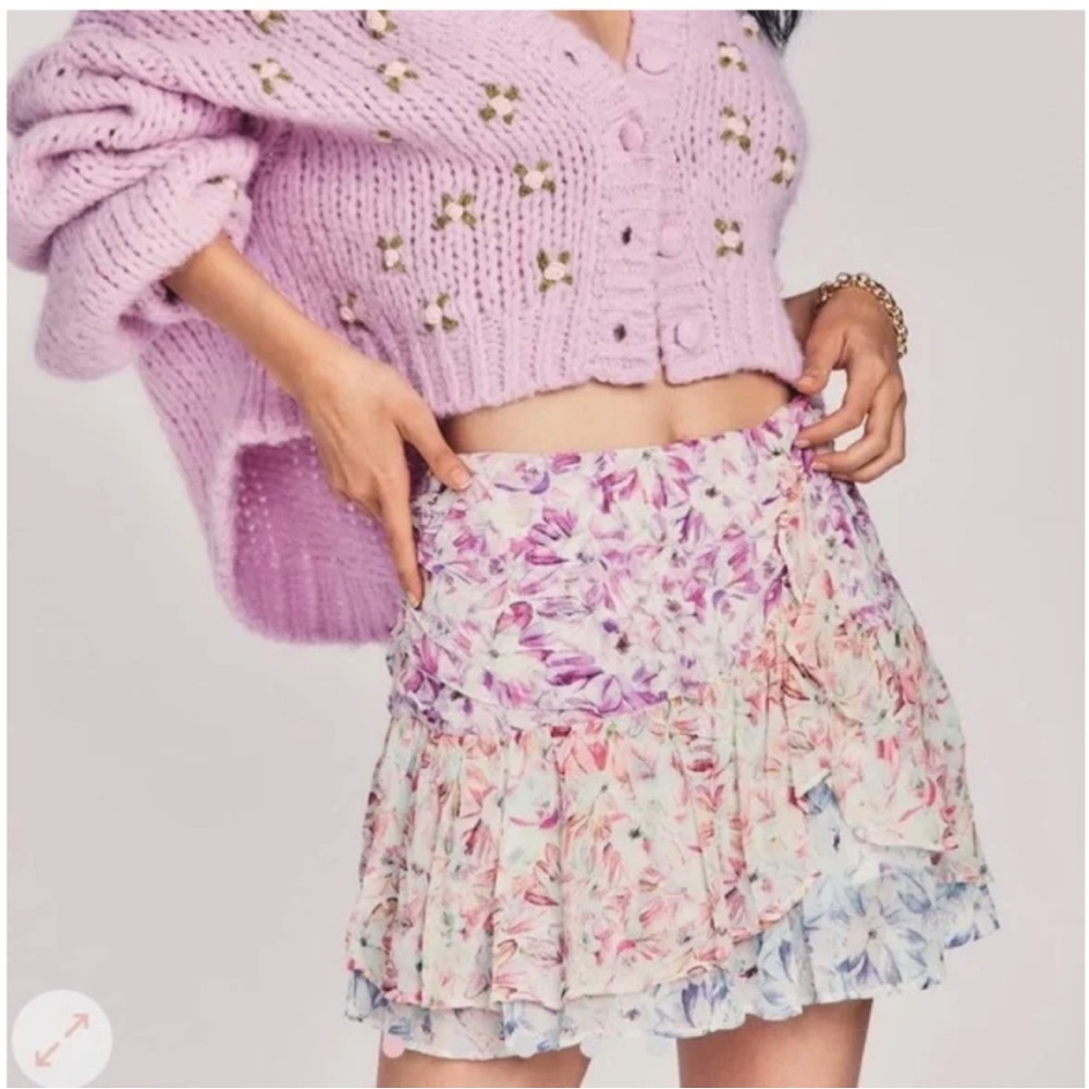LoveShackFancy Pink and Purple Floral Mini Skirt 100% silk . Light & breathable